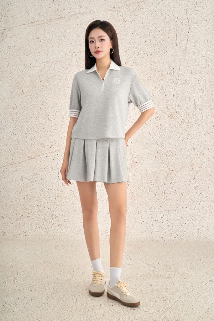 BJN53589 - Chân váy ngắn vải cotton dáng chữ A thân váy xếp ly tạo kiểu cạp chun co giãn - PANTIO