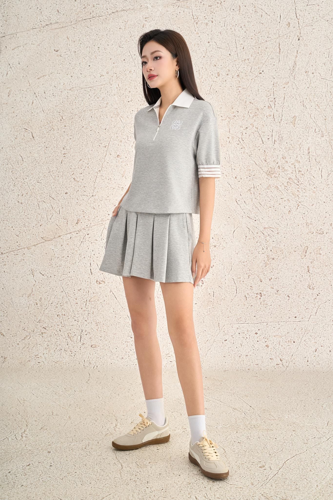 BJN53589 - Chân váy ngắn vải cotton dáng chữ A thân váy xếp ly tạo kiểu cạp chun co giãn - PANTIO