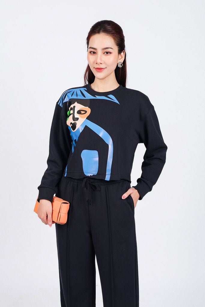 BAT93250 - Áo bộ thể thao vải cotton dáng lửng cổ tròn tay dài thân áo in hoạ tiết thời trang - PANTIO