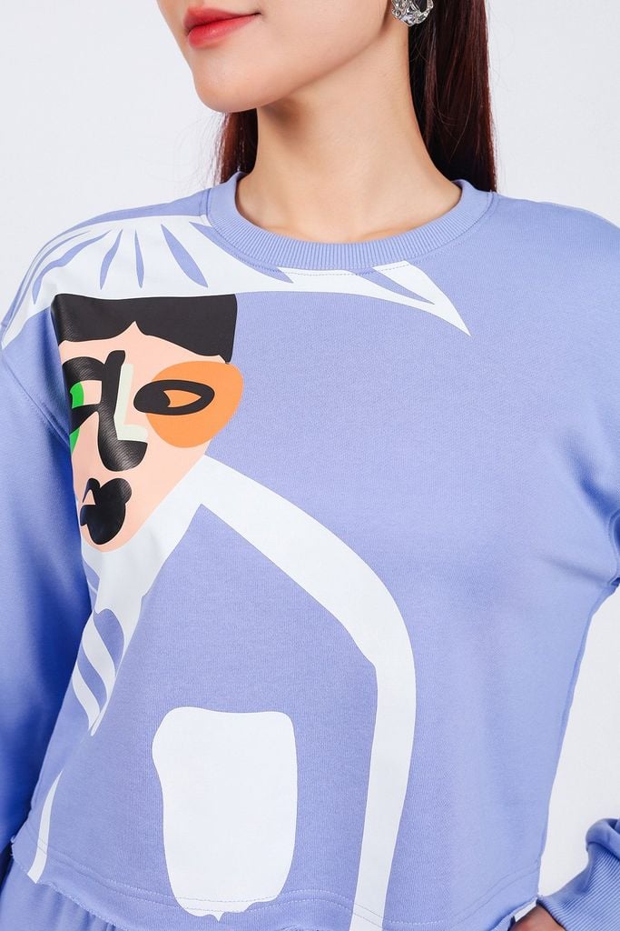 BAT93250 - Áo bộ thể thao vải cotton dáng lửng cổ tròn tay dài thân áo in hoạ tiết thời trang - PANTIO