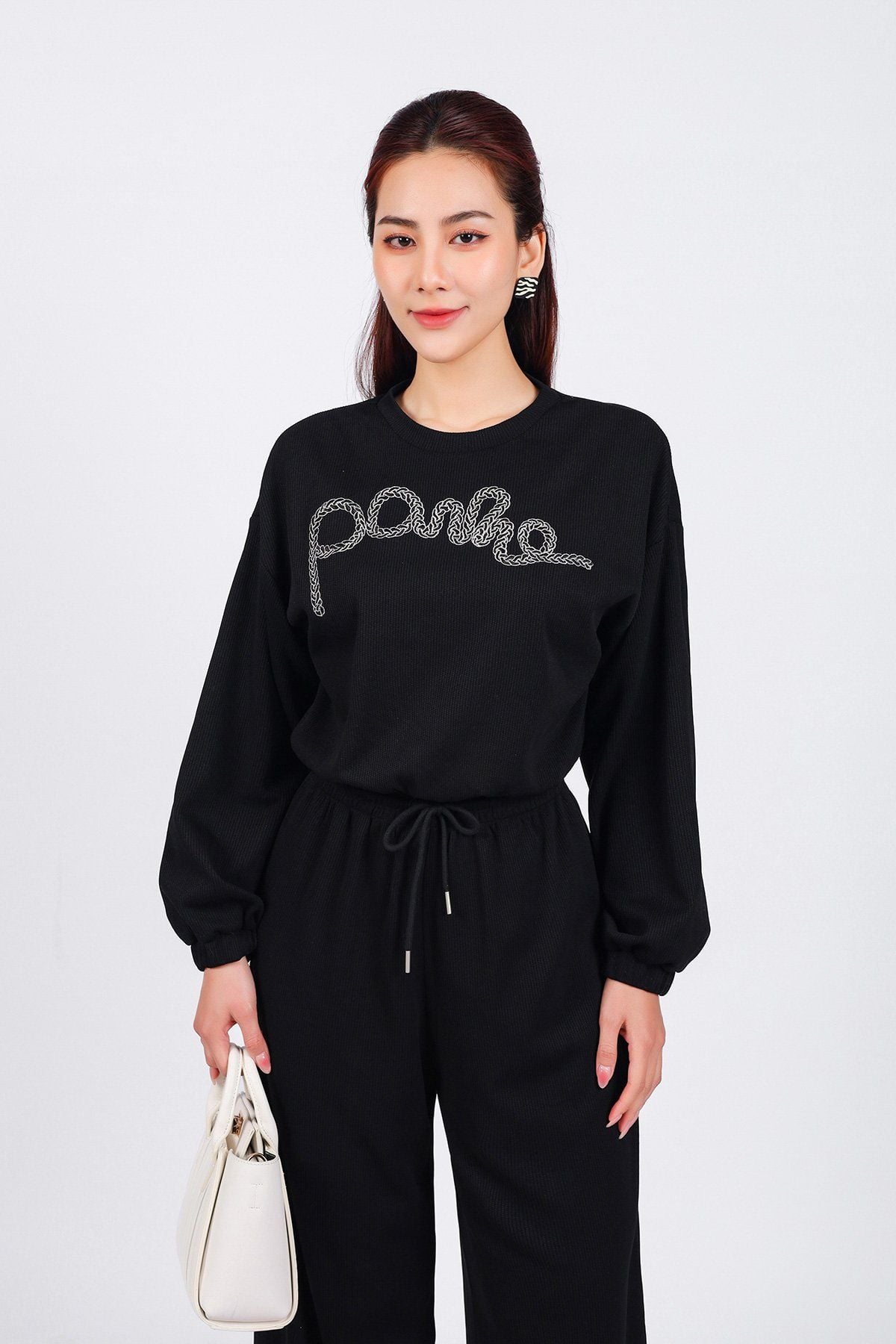 BQD93286 - Quần bộ thể thao vải len dáng suông dài ống rộng cạp chun phối dây thắt nơ thời trang - PANTIO