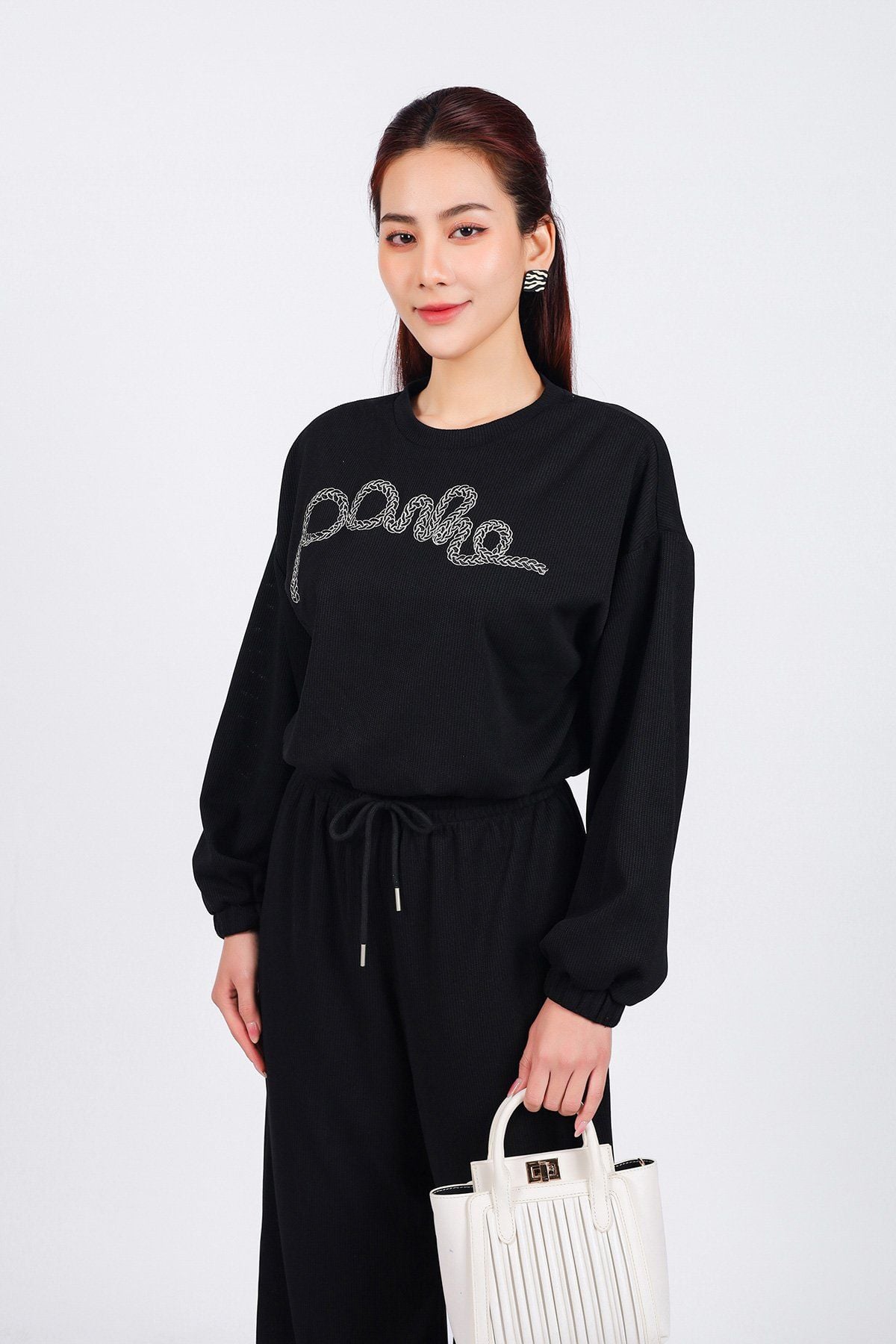 BQD93286 - Quần bộ thể thao vải len dáng suông dài ống rộng cạp chun phối dây thắt nơ thời trang - PANTIO