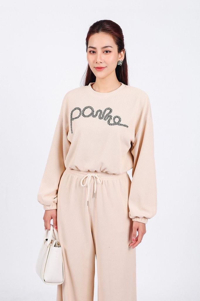 BAT93286 - Áo bộ thể thao vải len dáng lửng cổ tròn tay rộng gấu áo bo chun thân áo hoạ tiết thời trang - PANTIO