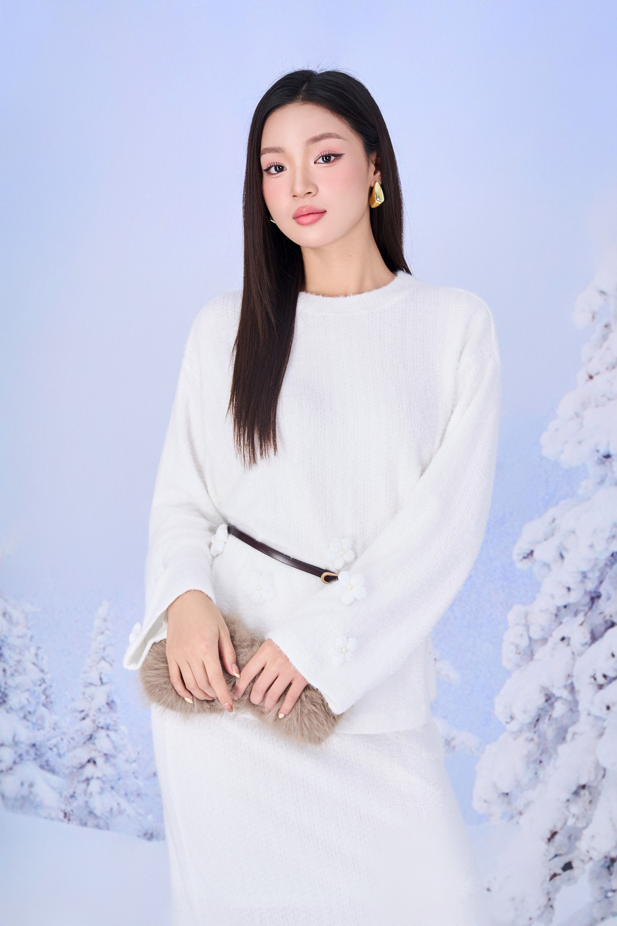 BJD93531 - Chân váy dài vải len dáng suông gấu váy đính hoa 3D thời trang xẻ tà thân sau - PANTIO