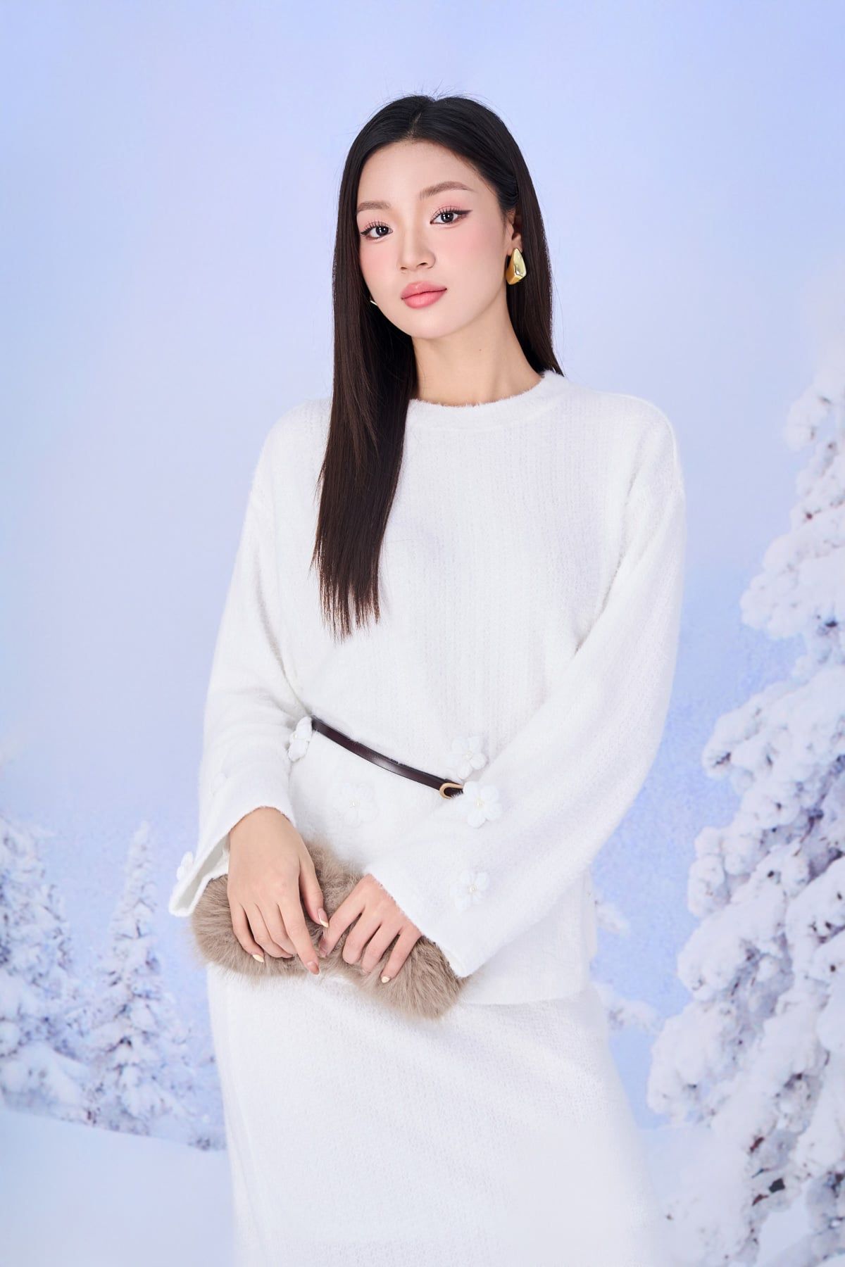 BJD93531 - Chân váy dài vải len dáng suông gấu váy đính hoa 3D thời trang xẻ tà thân sau - PANTIO