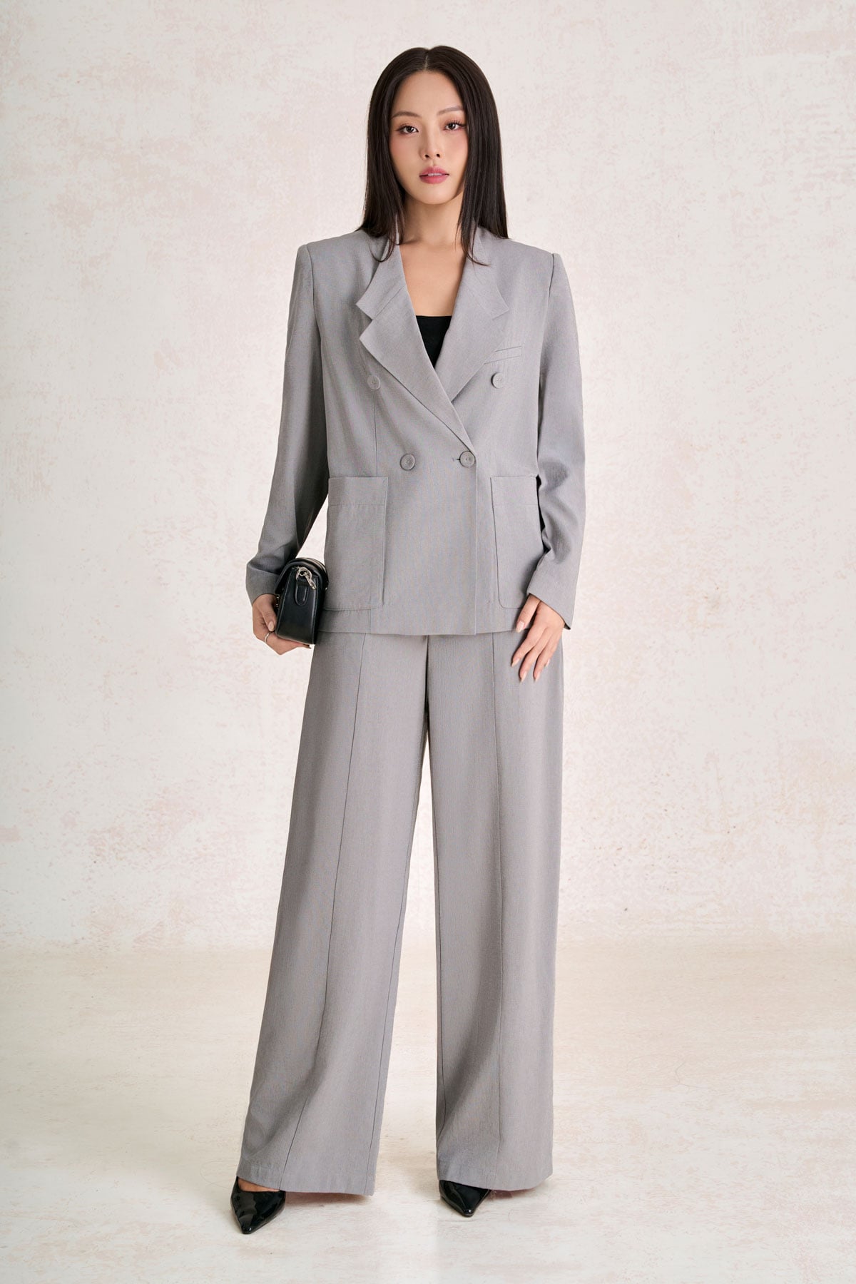 BAV13668 - Áo vest công sở vải thô đũi dáng suông cổ hai ve thân áo phối khuy bọc có túi tạo kiểu - PANTIO