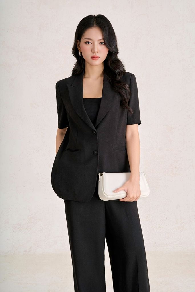 BAV33750 - Áo vest công sở vải thô đũi dáng suông cổ hai ve tay cộc thân áo có túi tạo kiểu - PANTIO