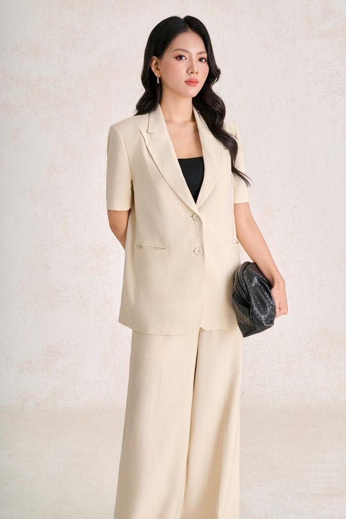 BAV33750 - Áo vest công sở vải thô đũi dáng suông cổ hai ve tay cộc thân áo có túi tạo kiểu - PANTIO