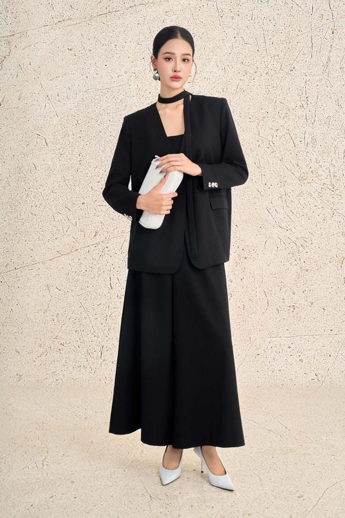 BAV93525 - Áo vest công sở vải thô dáng suông cổ chữ V phối dây vải tạo kiểu thân áo có túi thời trang - PANTIO