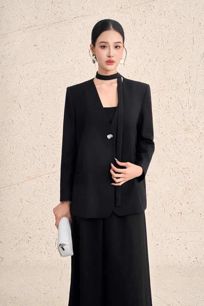 BAV93525 - Áo vest công sở vải thô dáng suông cổ chữ V phối dây vải tạo kiểu thân áo có túi thời trang - PANTIO