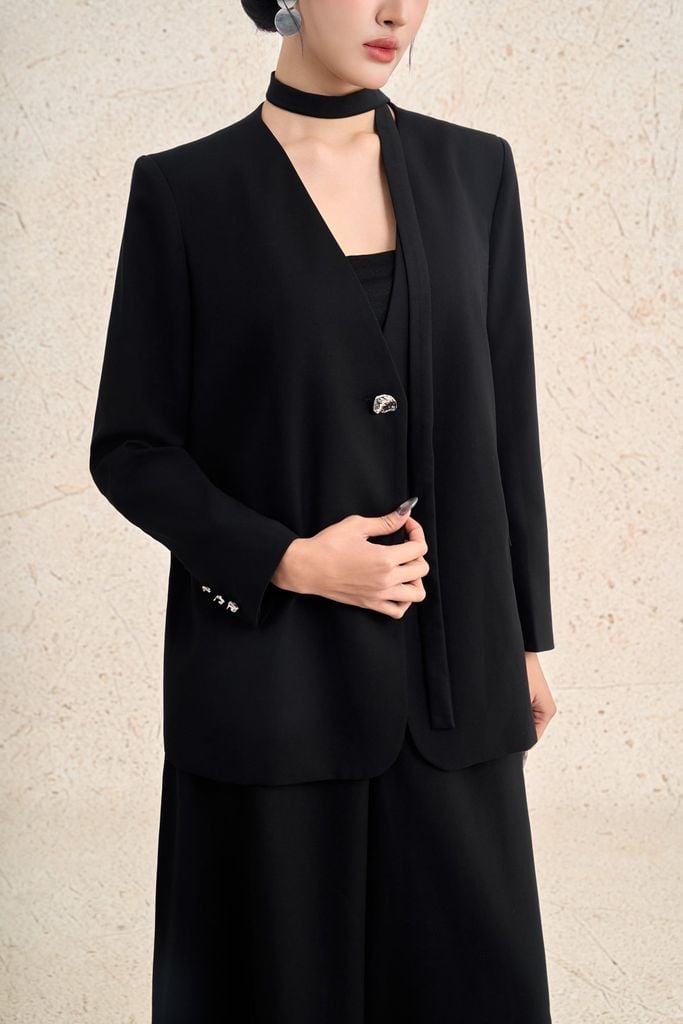 BAV93525 - Áo vest công sở vải thô dáng suông cổ chữ V phối dây vải tạo kiểu thân áo có túi thời trang - PANTIO