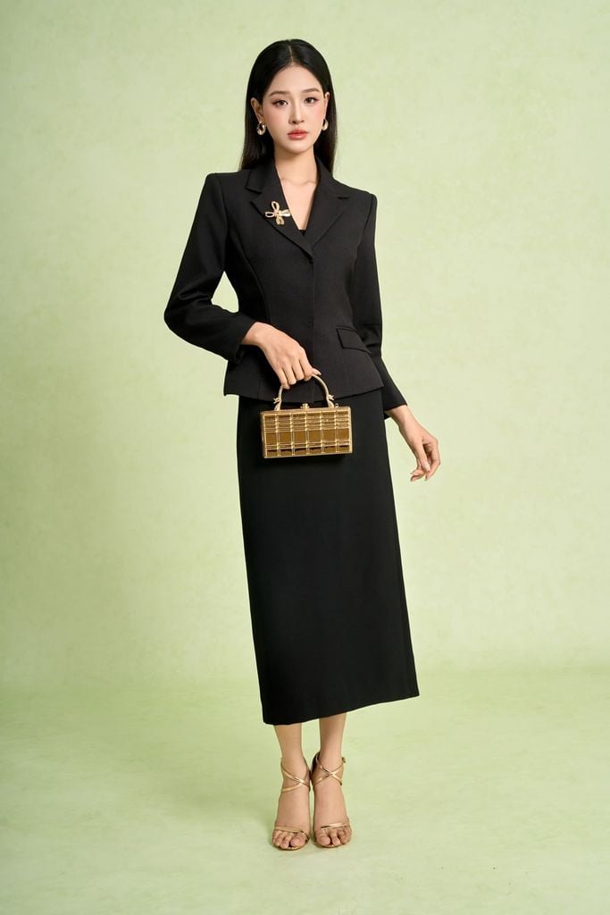 BAV93618 - Áo vest công sở vải thô dáng ngắn cổ hai ve tay dài kèm cài áo kim loại tạo kiểu - PANTIO