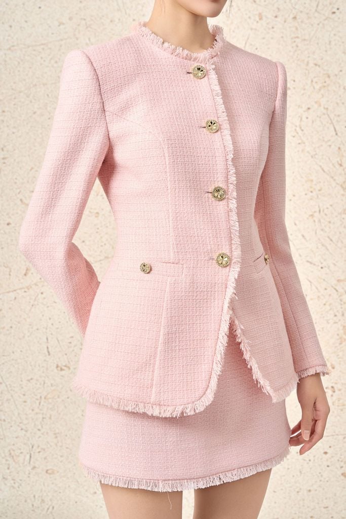 BAV93620 - Áo vest công sở vải dạ dáng ôm cổ tròn phối tua rua thân áo đính khuy đá thời trang cài khuy trước - PANTIO