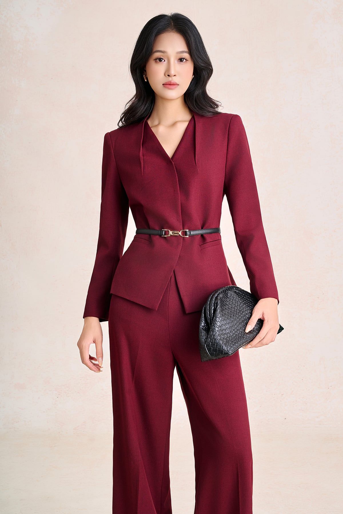 BAV93842 - Áo vest công sở vải thô đũi dáng suông cổ xẻ V tay dài thân áo phối khuy bọc kèm đai lưng tạo kiểu - PANTIO