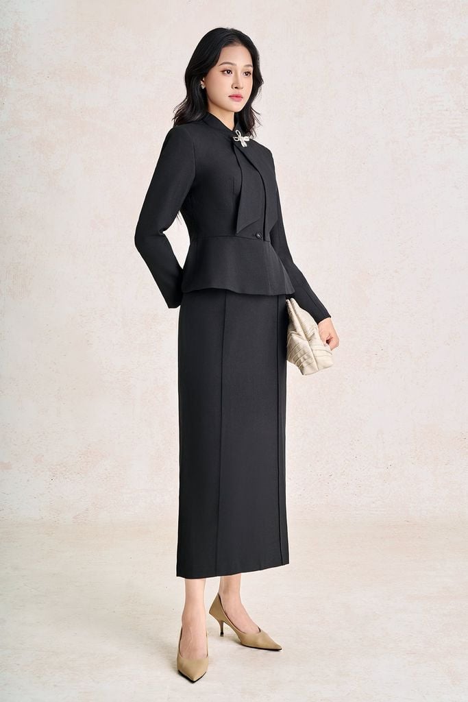 BAV93857 - Áo vest công sở vải thô đũi dáng peplum cổ kiểu phối phụ kiện kim loại thời trang - PANTIO