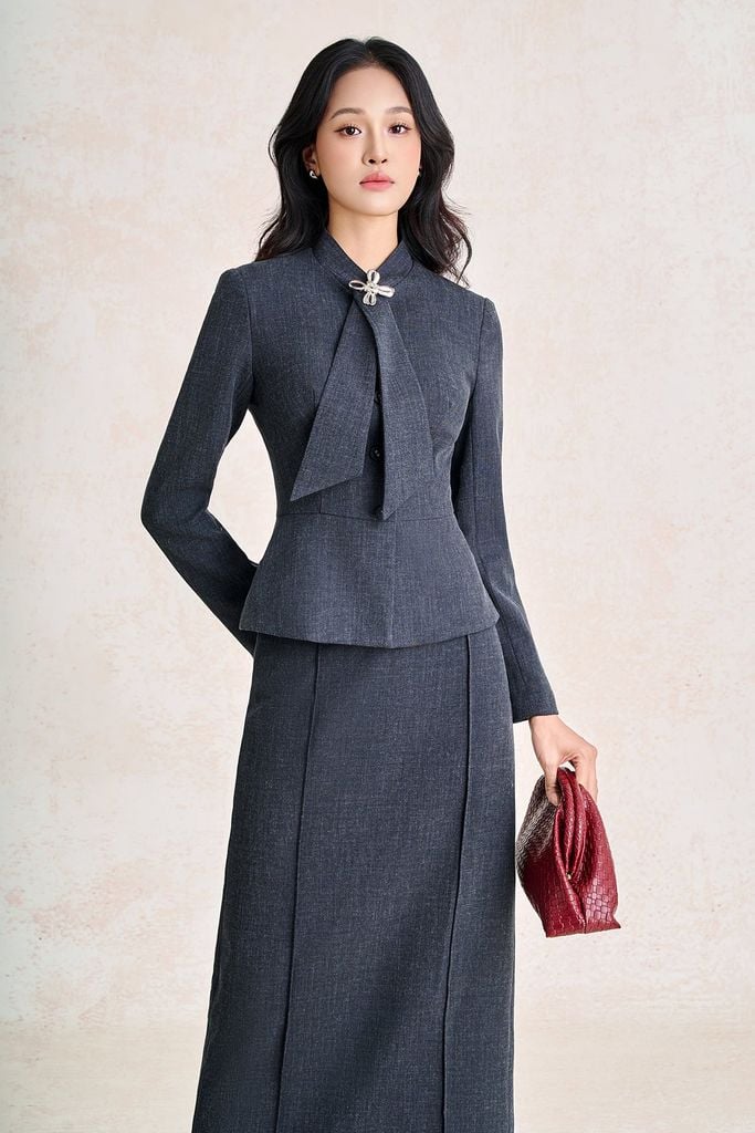 BAV93857 - Áo vest công sở vải thô đũi dáng peplum cổ kiểu phối phụ kiện kim loại thời trang - PANTIO