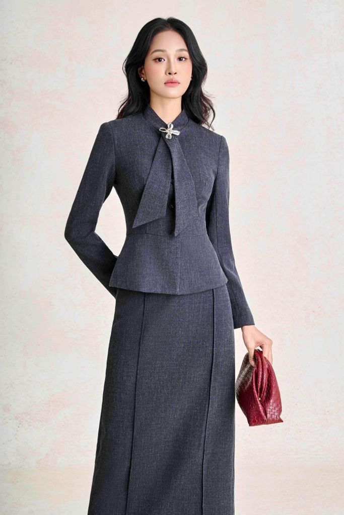 BJD93857 - Chân váy dài công sở vải thô đũi dáng suông thân váy phối đường ly tạo kiểu khoá thân sau - PANTIO