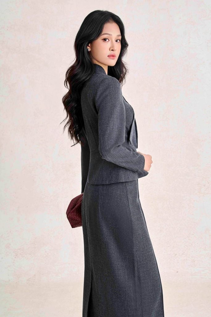BJD93857 - Chân váy dài công sở vải thô đũi dáng suông thân váy phối đường ly tạo kiểu khoá thân sau - PANTIO