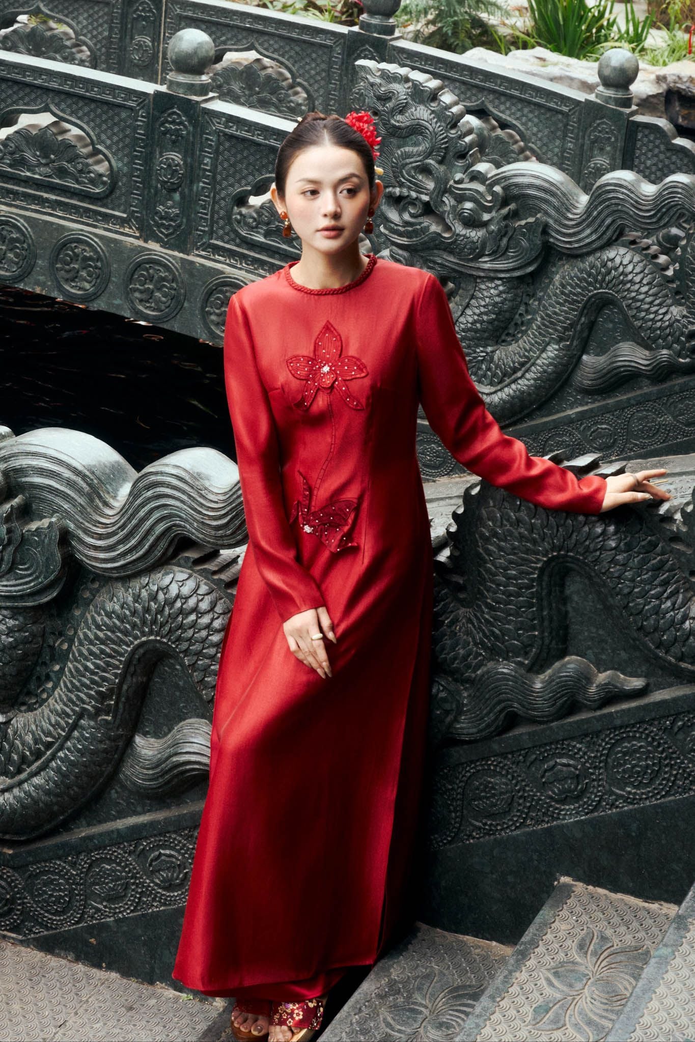 BDQ50160 - Quần áo dài truyền thống vải lụa dày dáng suông dài ống rộng khóa kéo trước cạp sau pha chun co giãn - PANTIO