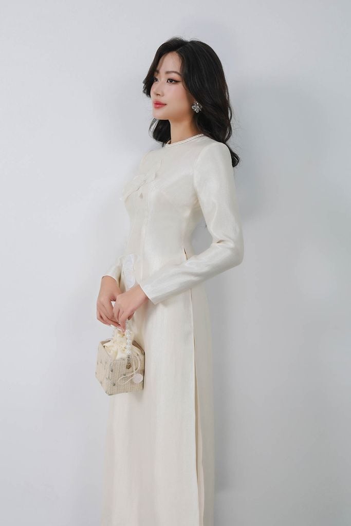 BDA50180 - Áo dài truyền thống vải tafta dáng ôm cổ tròn tay dài thân áo đính hoa 3D cao cấp khóa thân sau - PANTIO