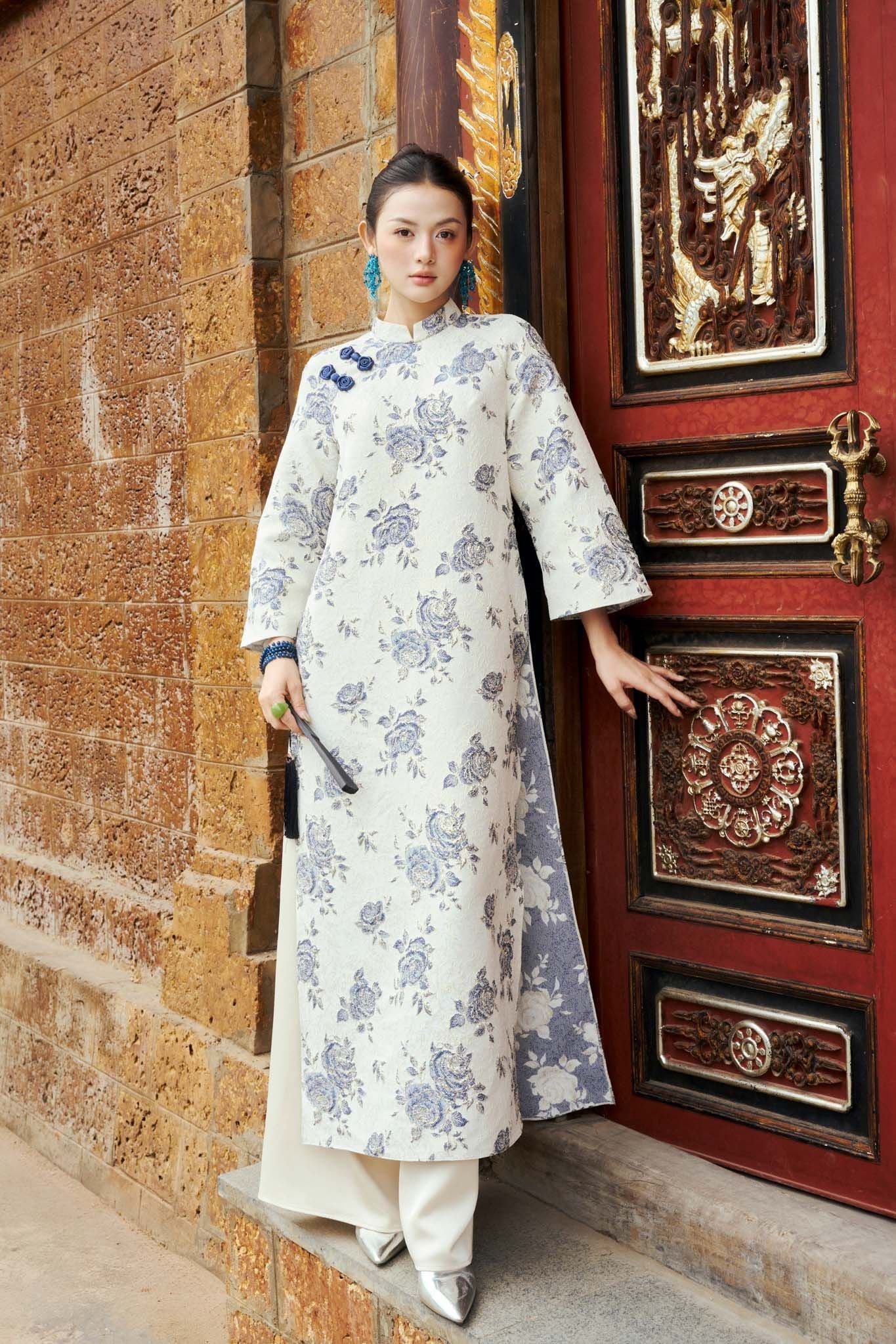 BDQ50160 - Quần áo dài truyền thống vải lụa dày dáng suông dài ống rộng khóa kéo trước cạp sau pha chun co giãn - PANTIO