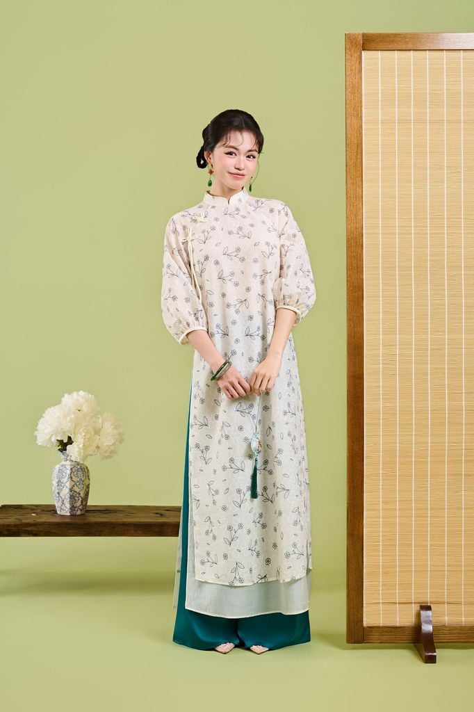 BDA50222 - Áo dài cách tân vải tơ hoa dáng suông cổ tàu đính nơ tay phồng khoá thân sau - JAN.