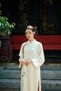 BDA50224 - Áo dài cách tân vải gấm dáng suông cổ tàu đính dây nơ tay dài khoá thân sau - JAN.