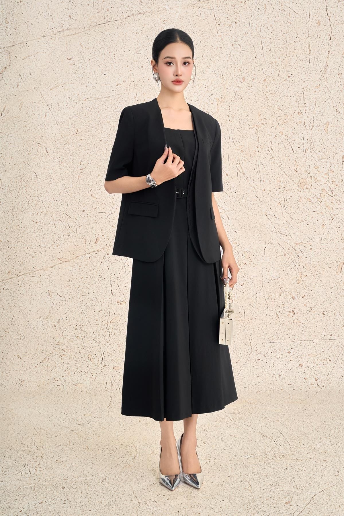 BAD73570 - Áo khoác demi công sở vải thô dáng suông tay lửng thân áo có nắp túi ốp tạo kiểu - PANTIO