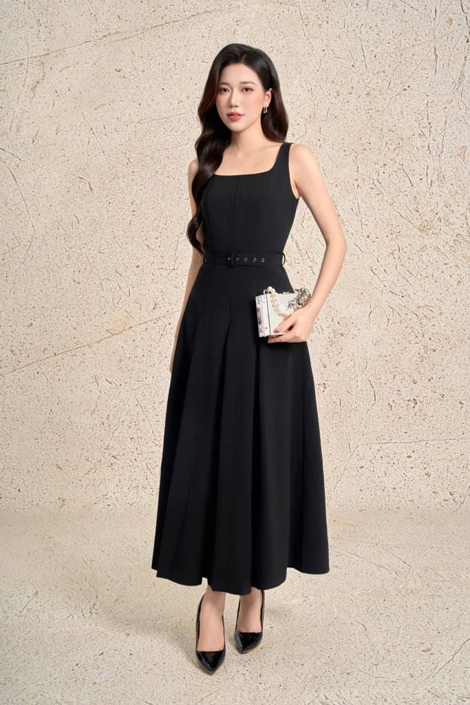 BDC73570 - Đầm công sở vải thô dáng xoè cổ vuông không tay ôm eo phối dây đai thân váy xếp ly bung tạo kiểu khoá thân sau - PANTIO