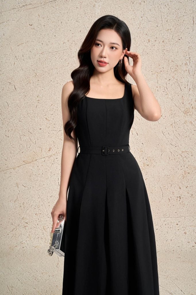 BDC73570 - Đầm công sở vải thô dáng xoè cổ vuông không tay ôm eo phối dây đai thân váy xếp ly bung tạo kiểu khoá thân sau - PANTIO