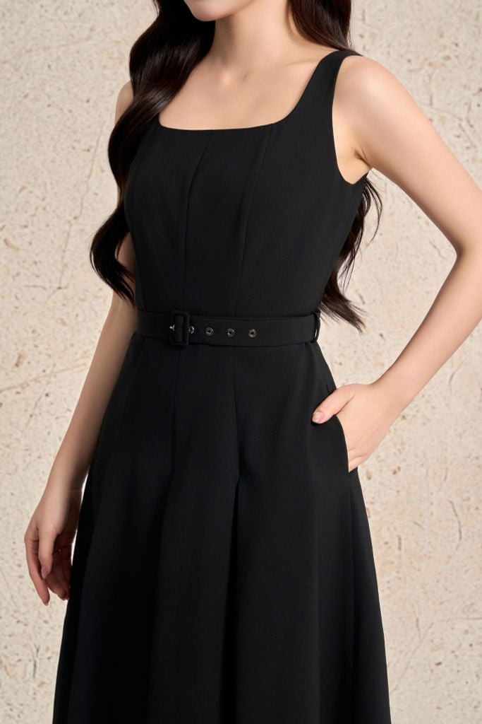 BDC73570 - Đầm công sở vải thô dáng xoè cổ vuông không tay ôm eo phối dây đai thân váy xếp ly bung tạo kiểu khoá thân sau - PANTIO