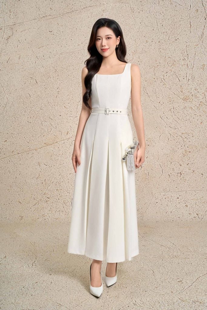 BDC73570 - Đầm công sở vải thô dáng xoè cổ vuông không tay ôm eo phối dây đai thân váy xếp ly bung tạo kiểu khoá thân sau - PANTIO