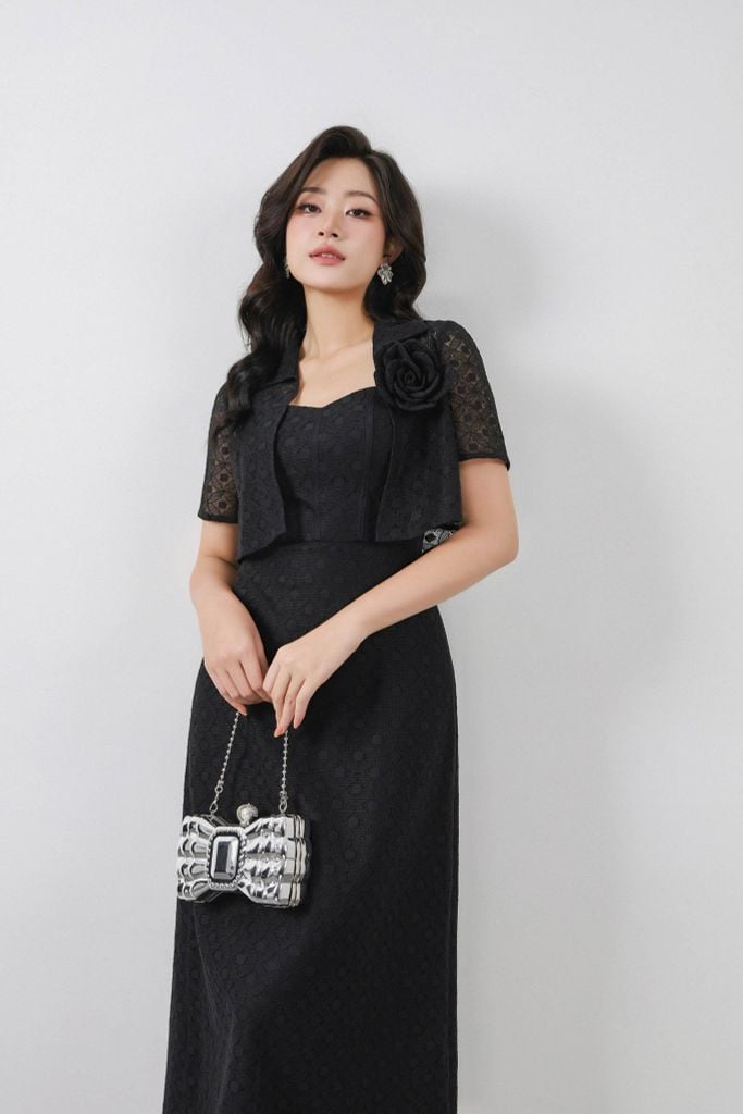 BAS13379 - Áo khoác vải ren lưới dáng croptop có cổ tay cộc kèm hoa cài tạo kiểu - PANTIO