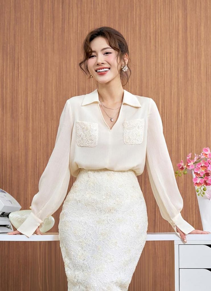BJD73601 - Chân váy dài công sở vải ren hoa dáng suông cạp liền xẻ tà sau - PANTIO