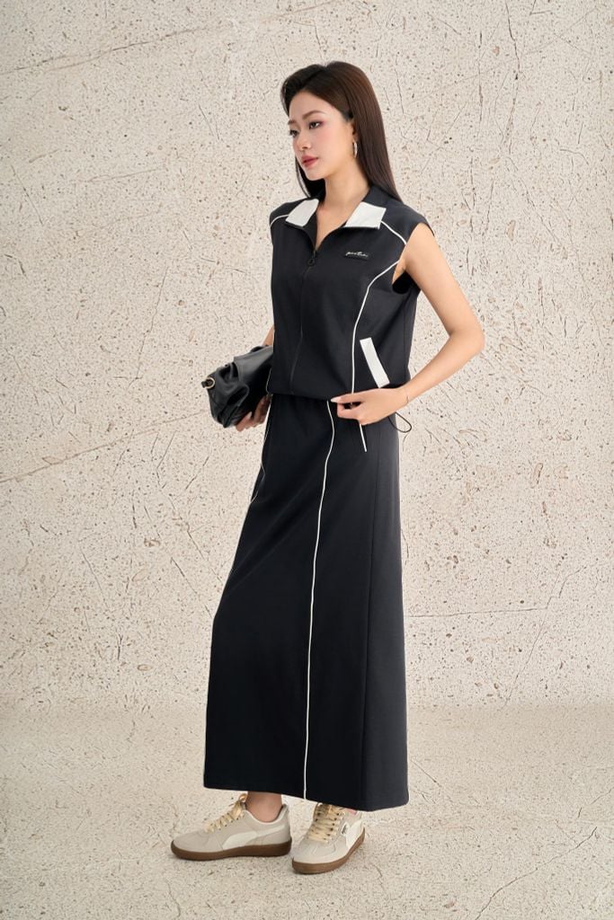 BJD73534 - Chân váy dài dạo phố vải kaki dáng suông thân váy phối đường gân thời trang xẻ tà sau - PANTIO