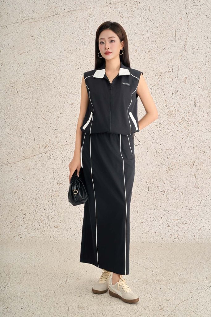 BJD73534 - Chân váy dài dạo phố vải kaki dáng suông thân váy phối đường gân thời trang xẻ tà sau - PANTIO