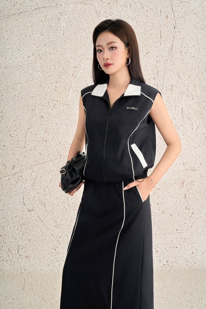 BKM73534 - Áo khoác kiểu dạo phố vải kaki dáng suông không tay thân áo phối đường gân thời trang - PANTIO