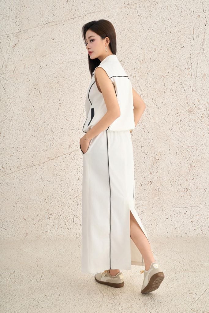 BJD73534 - Chân váy dài dạo phố vải kaki dáng suông thân váy phối đường gân thời trang xẻ tà sau - PANTIO