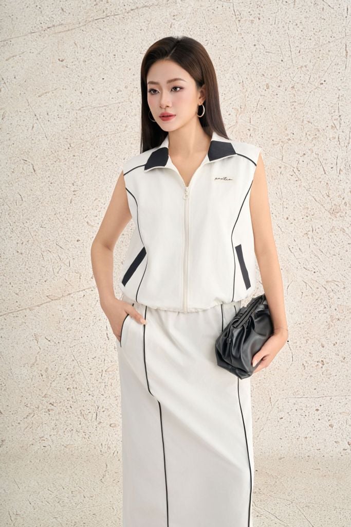 BKM73534 - Áo khoác kiểu dạo phố vải kaki dáng suông không tay thân áo phối đường gân thời trang - PANTIO