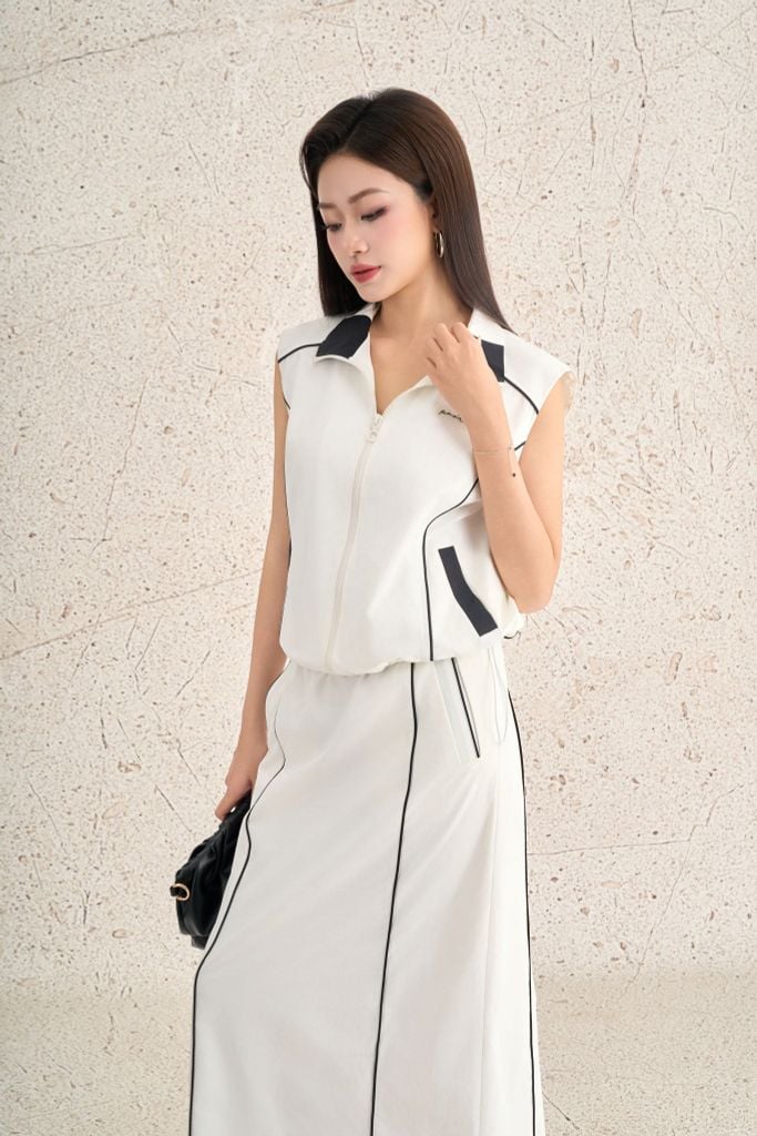 BJD73534 - Chân váy dài dạo phố vải kaki dáng suông thân váy phối đường gân thời trang xẻ tà sau - PANTIO