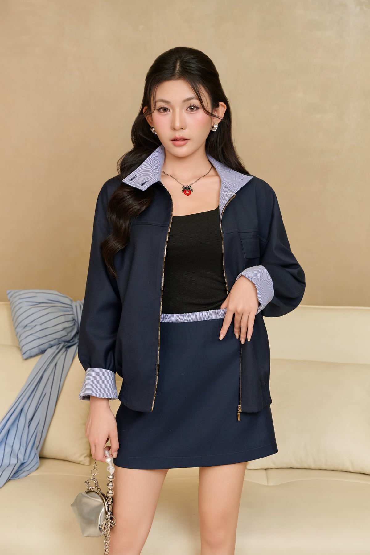 BJN93719 - Chân váy ngắn vải demin dáng chữ A cạp cao khoá thân sau - JAN.