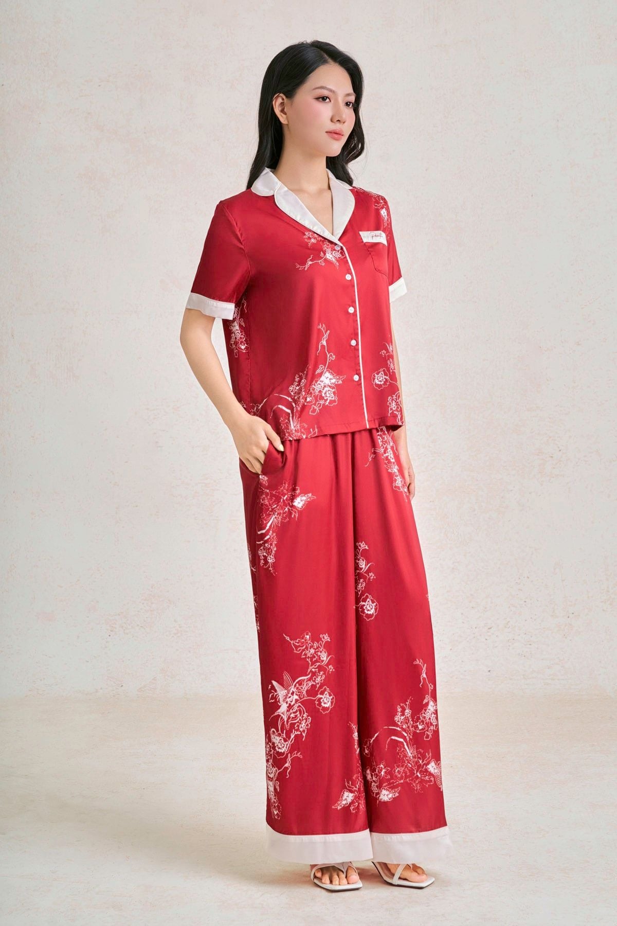 BMN5130 - Bộ mặc nhà vải lụa dáng suông áo tay ngắn kèm quần suông dài cạp chun thời trang- PANTIO