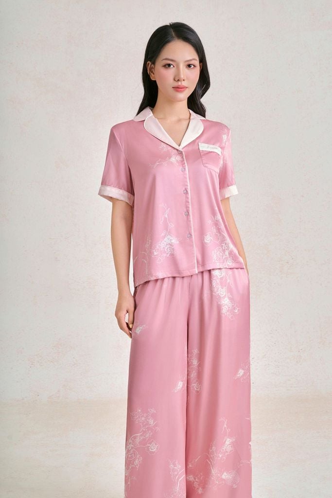 BMN5130 - Bộ mặc nhà vải lụa dáng suông áo tay ngắn kèm quần suông dài cạp chun thời trang- PANTIO