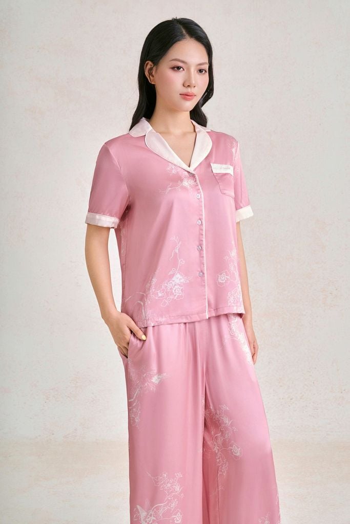 BMN5130 - Bộ mặc nhà vải lụa dáng suông áo tay ngắn kèm quần suông dài cạp chun thời trang- PANTIO