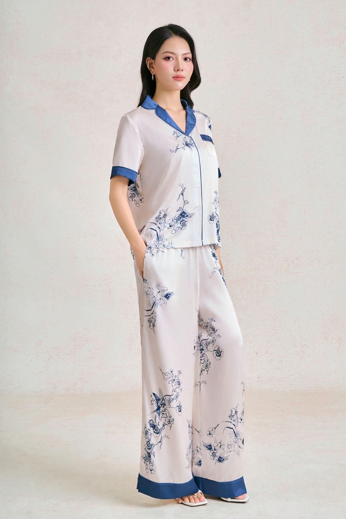 BMN5130 - Bộ mặc nhà vải lụa dáng suông áo tay ngắn kèm quần suông dài cạp chun thời trang- PANTIO