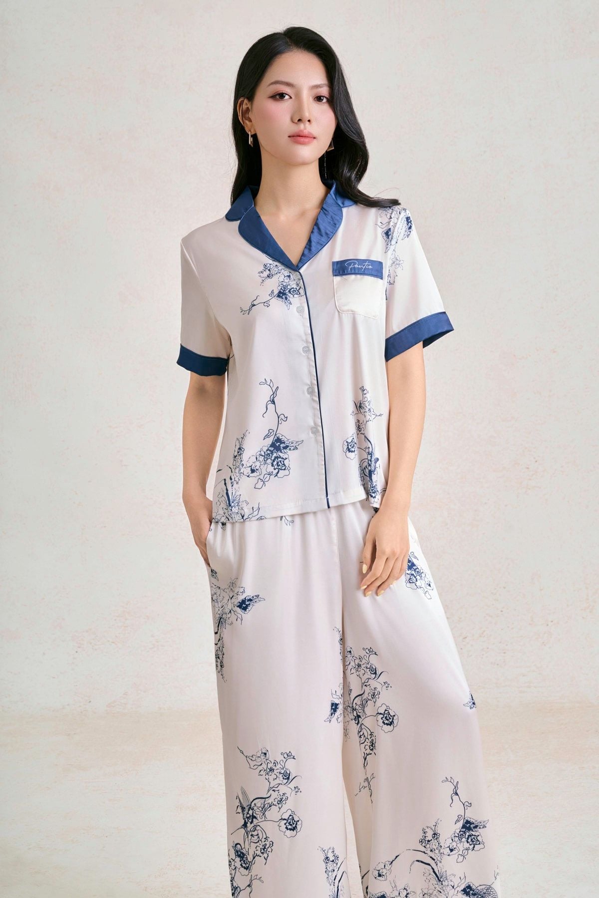 BMN5130 - Bộ mặc nhà vải lụa dáng suông áo tay ngắn kèm quần suông dài cạp chun thời trang- PANTIO