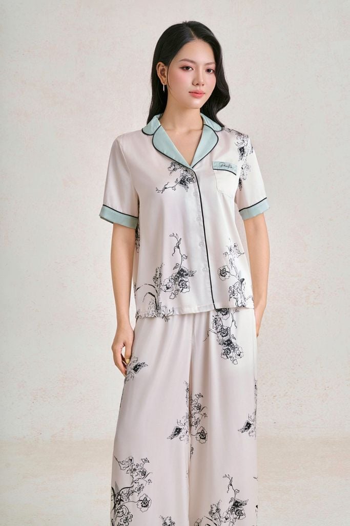 BMN5130 - Bộ mặc nhà vải lụa dáng suông áo tay ngắn kèm quần suông dài cạp chun thời trang- PANTIO