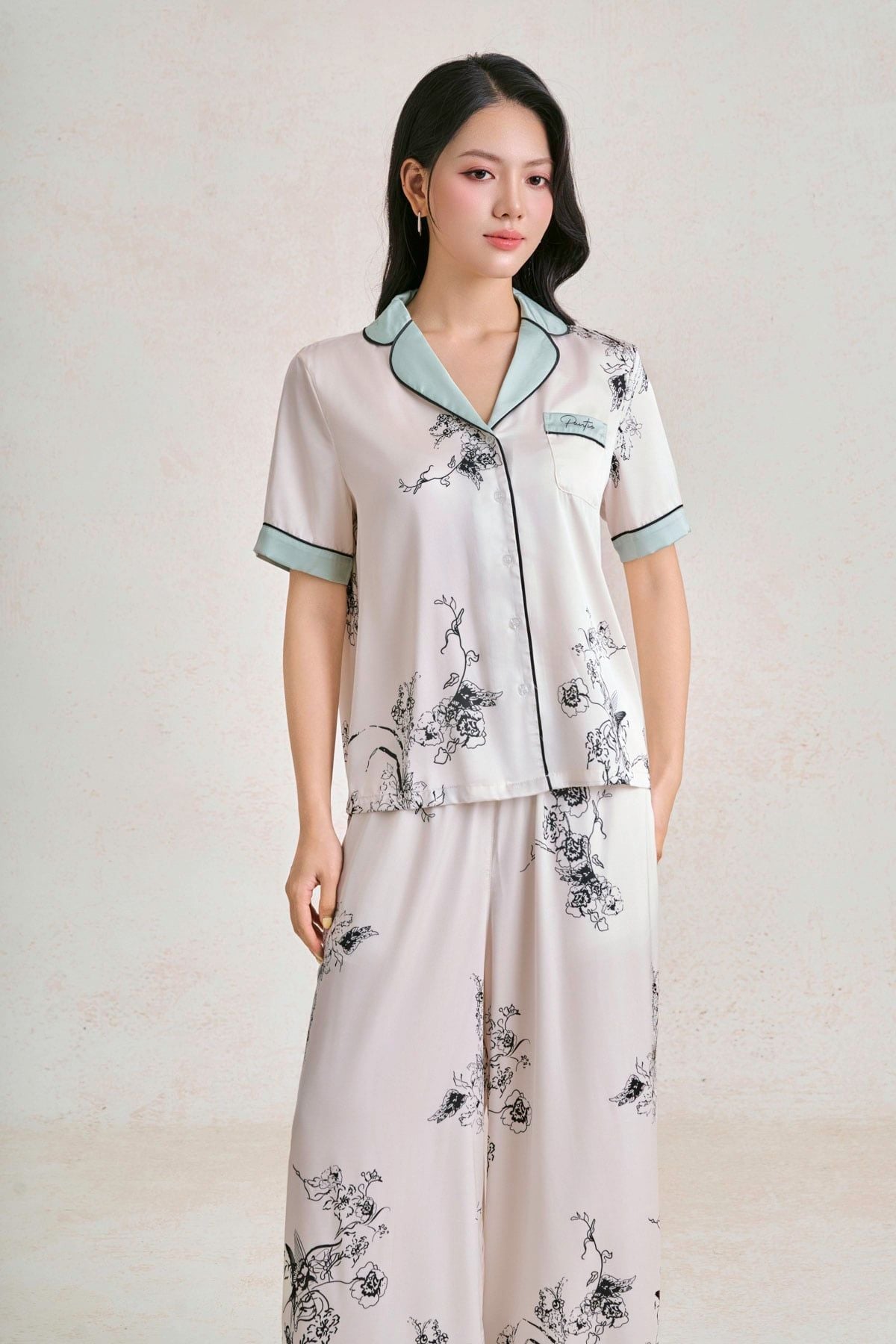 BMN5130 - Bộ mặc nhà vải lụa dáng suông áo tay ngắn kèm quần suông dài cạp chun thời trang- PANTIO