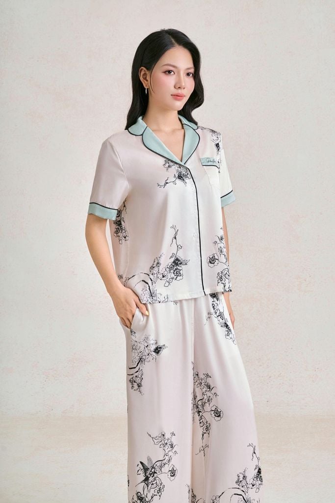 BMN5130 - Bộ mặc nhà vải lụa dáng suông áo tay ngắn kèm quần suông dài cạp chun thời trang- PANTIO