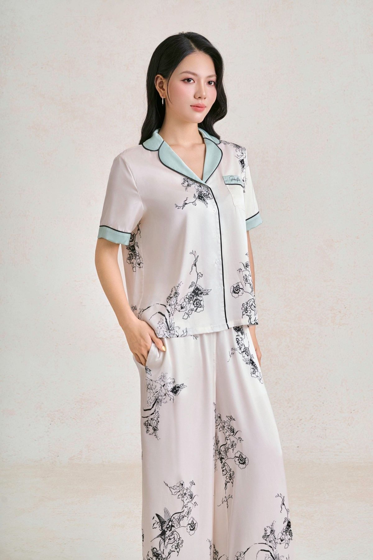 BMN5130 - Bộ mặc nhà vải lụa dáng suông áo tay ngắn kèm quần suông dài cạp chun thời trang- PANTIO